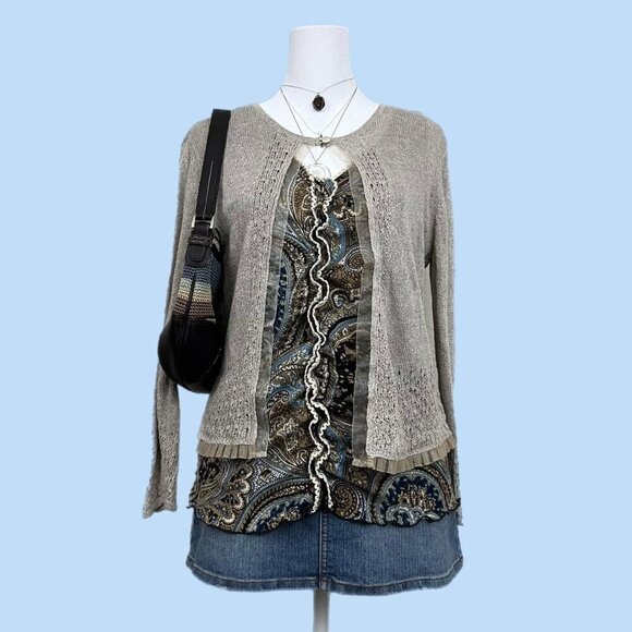 beige vintage 90s knit cardigan with mesh trim - Picture 1 of 8